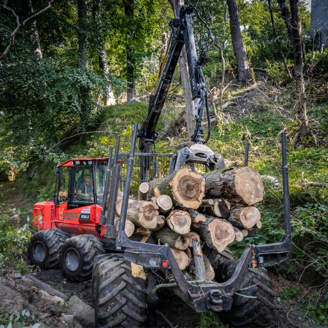Timber forwarder working in a confined location in Aberdeen